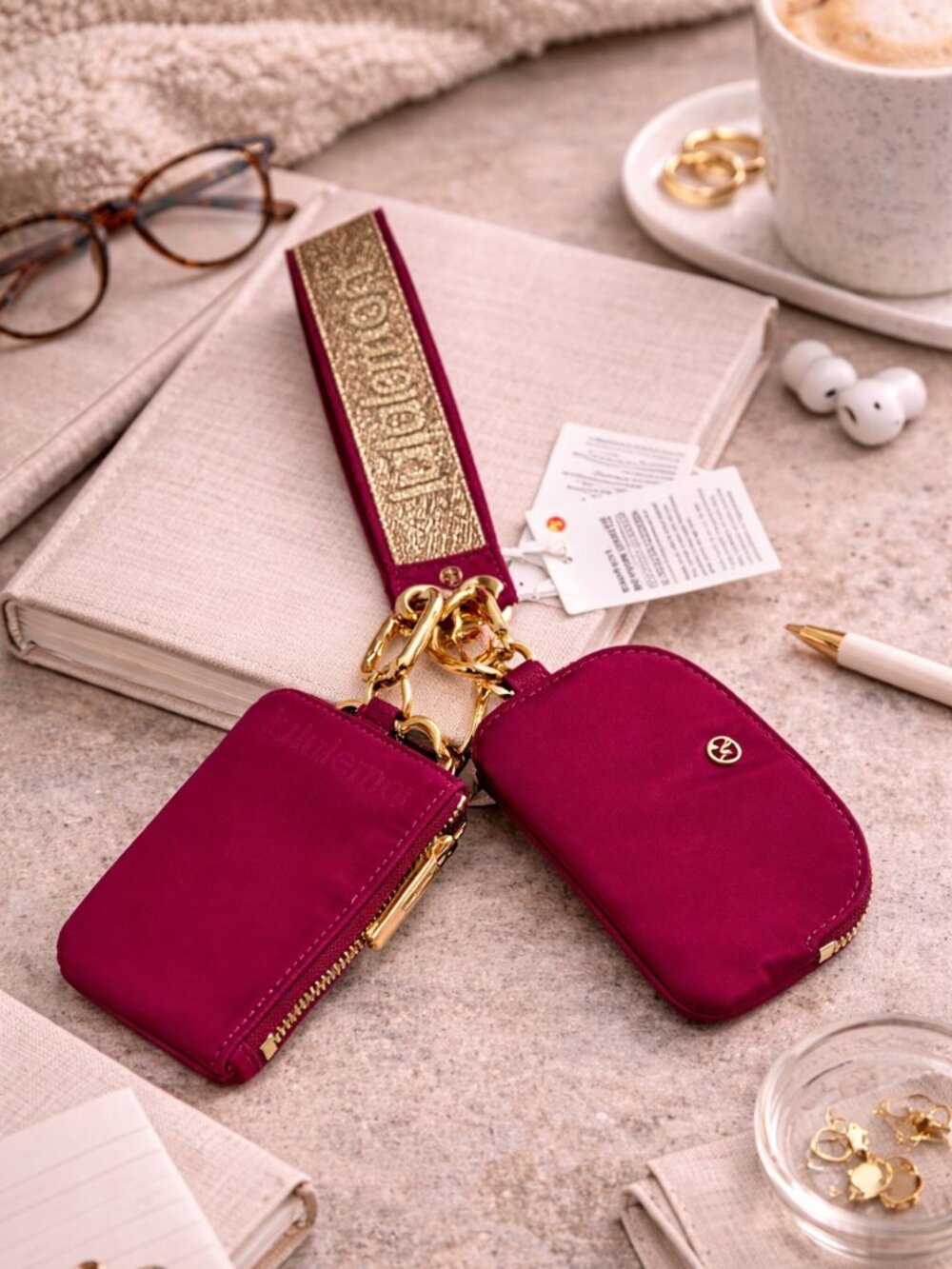 Lululemon Dual Pouch Wristlet Maroon Burnt Orange Gold LU9B02S NWT